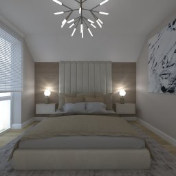 Projekt Studio Dagmara Hus - Wizualizacja sypialni z łóżkiem kontynentalnym, tapicerowanym wezgłowiem, lampkami nocnymi i abstrakcyjnym obrazem na ścianie, oświetlona nowoczesnym żyrandolem.