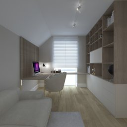 Projekt Studio Dagmara Hus - Wizualizacja domowego biura na poddaszu z drewnianą podłogą, biurkiem na całej długości ściany, krzesłem w stylu glamour, ścianką z drewnianych lameli i regałem z półkami. Nad biurkiem lampka...
