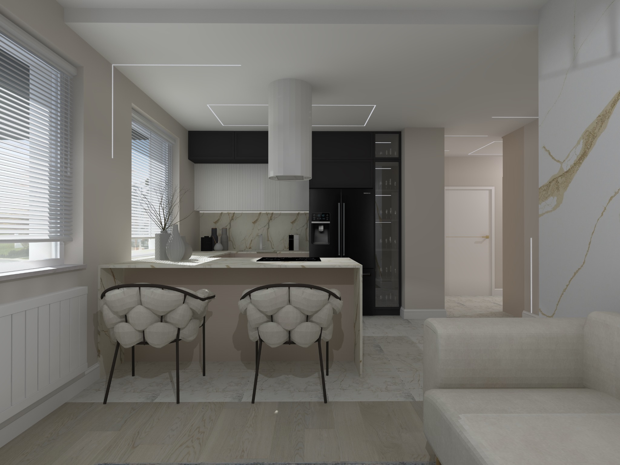 Wizualizacja nowoczesnej kuchni z wyspą i krzesłami o nietypowej fakturze, czarnymi szafkami i lodówką, białym okapem cylindrycznym oraz marmurowym blatem, oświetleniem LED w suficie i dekoracyjną...