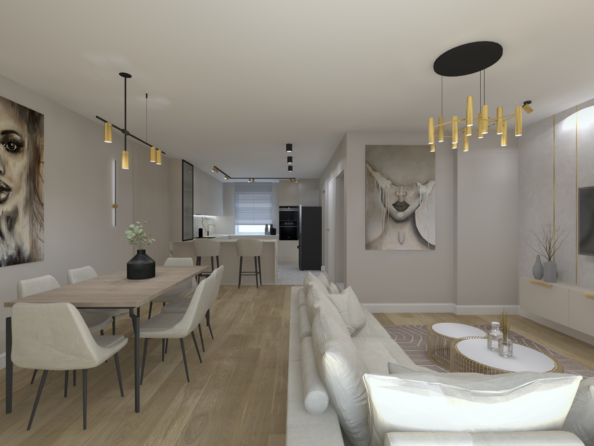 Wizualizacja salonu z aneksem kuchennym w neutralnej kolorystyce, z drewnianą podłogą, stołem z czarnymi nogami, białymi krzesłami, szarą sofą i abstrakcyjnymi obrazami na ścianach.
