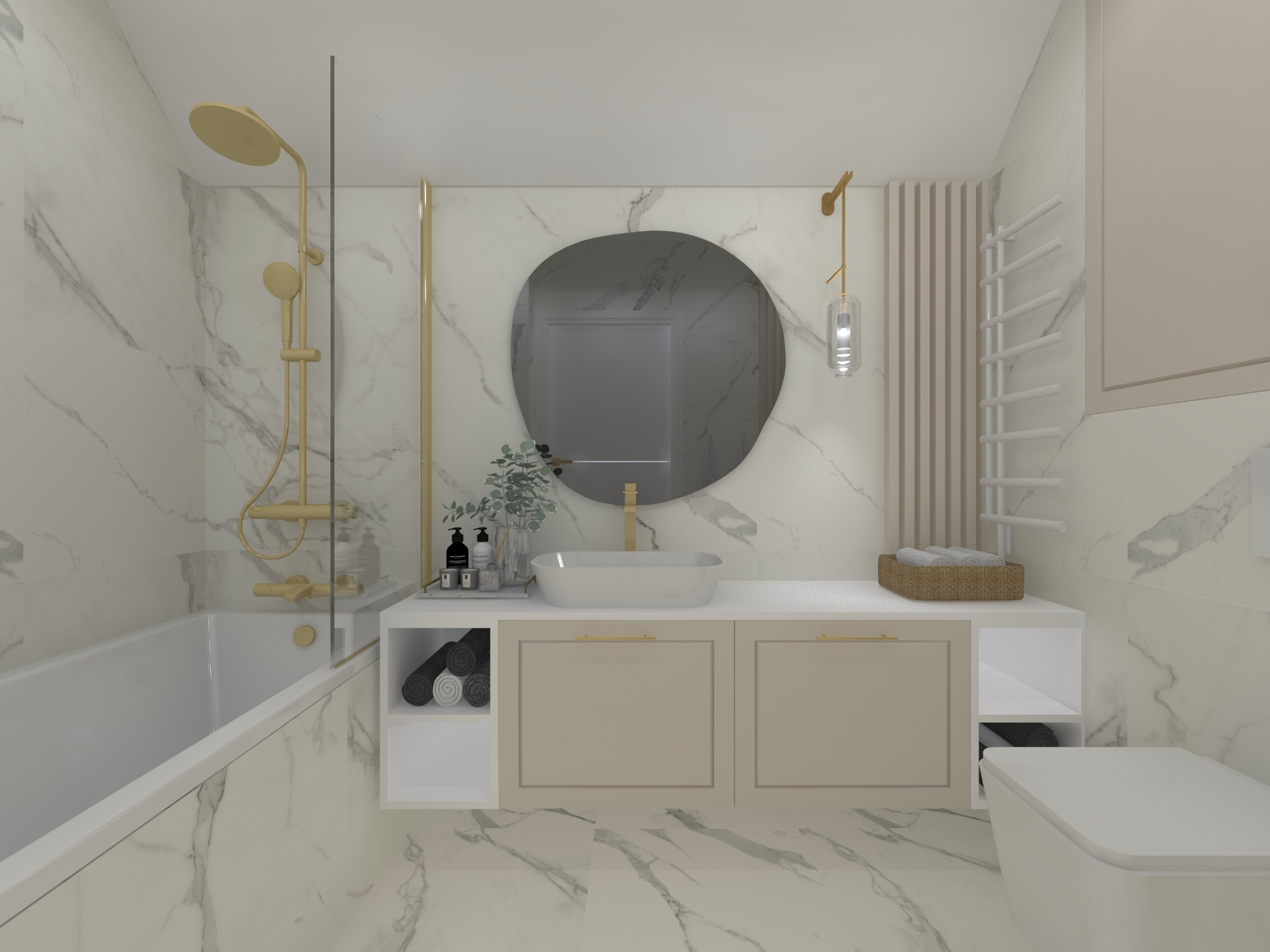Wizualizacja łazienki z marmurowymi ścianami, okrągłym lustrem nad umywalką, złotą armaturą, grzejnikiem drabinkowym i beżowymi szafkami pod umywalką.