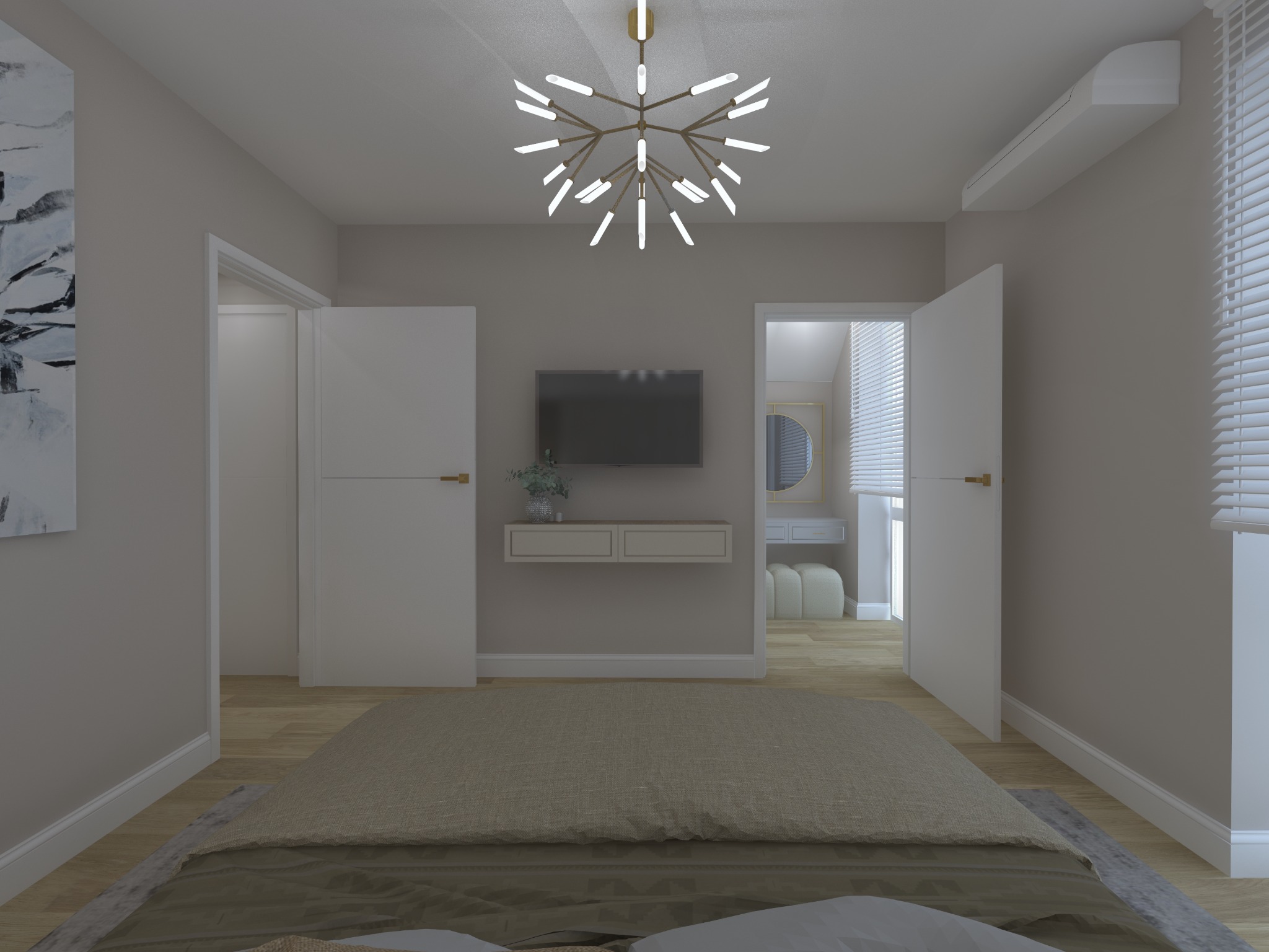 Sypialnia z łóżkiem w odcieniach beżu, nowoczesnym oświetleniem sufitowym, telewizorem na ścianie i wejściem do garderoby z toaletką.