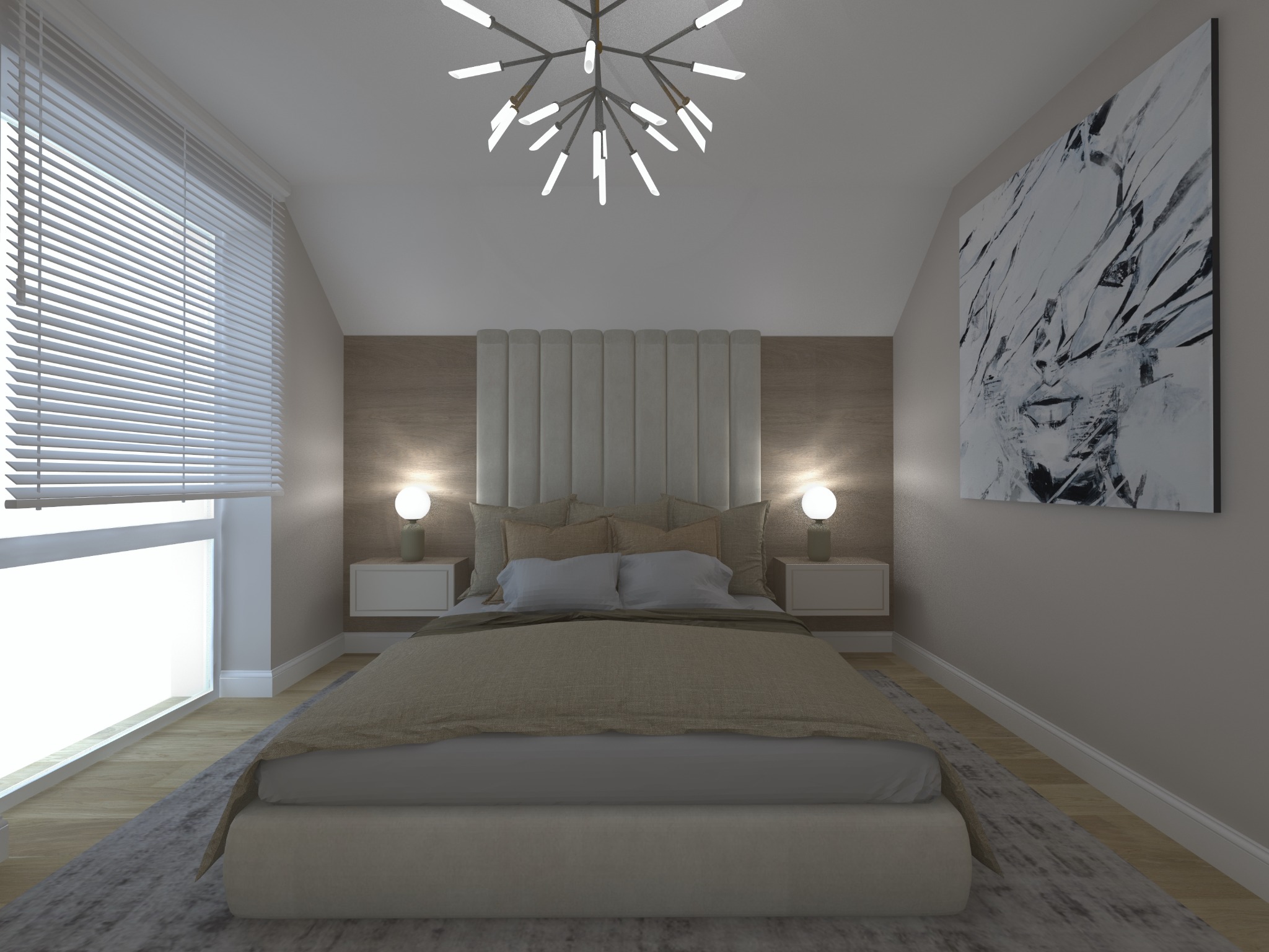 Wizualizacja sypialni z łóżkiem kontynentalnym, tapicerowanym wezgłowiem, lampkami nocnymi i abstrakcyjnym obrazem na ścianie, oświetlona nowoczesnym żyrandolem.