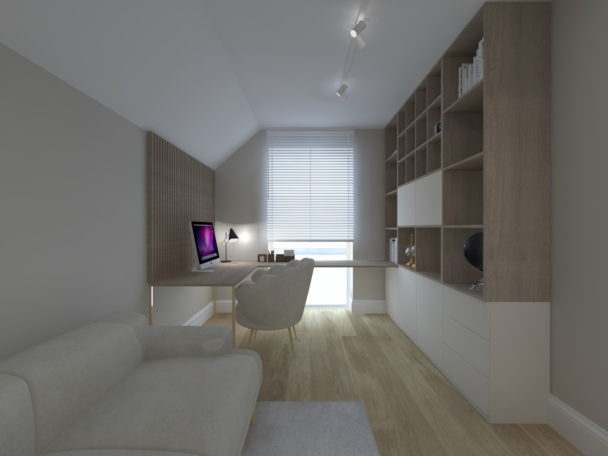 Wizualizacja domowego biura na poddaszu z drewnianą podłogą, biurkiem na całej długości ściany, krzesłem w stylu glamour, ścianką z drewnianych lameli i regałem z półkami. Nad biurkiem lampka...
