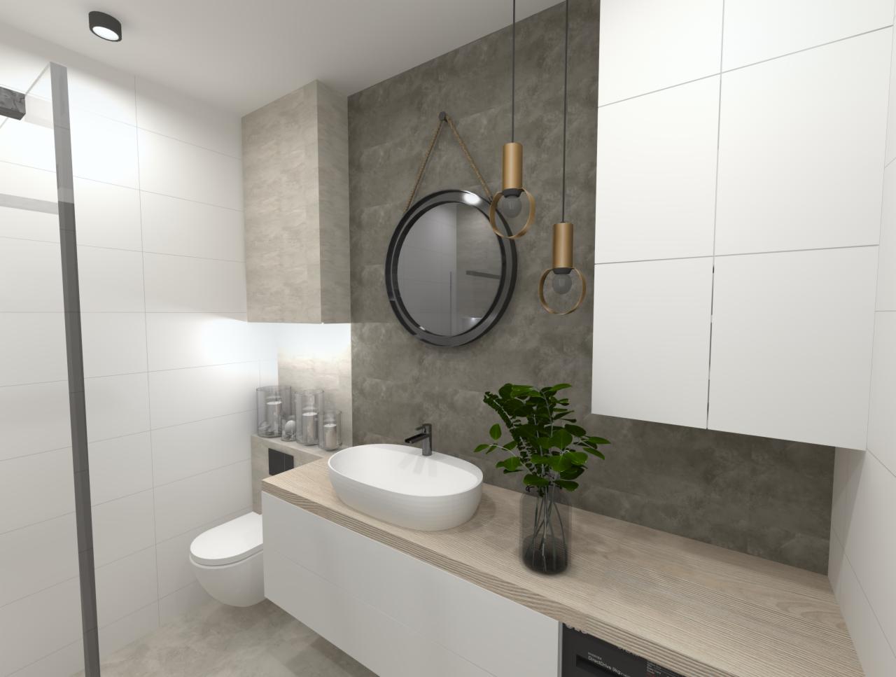 Nowoczesna łazienka z owalną umywalką nablatową, okrągłym lustrem na sznurze, wiszącymi lampami z żarówkami dekoracyjnymi, rośliną w szklanym wazonie i białymi płytkami na ścianach.