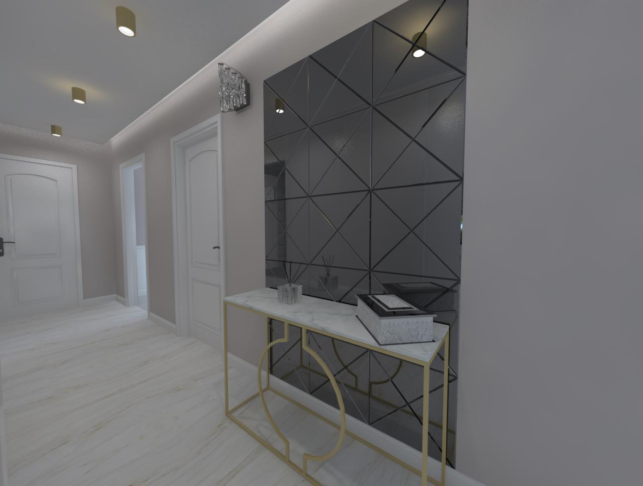 Nowoczesny przedpokój z lustrzaną ścianą w geometryczne wzory, konsolą z marmurowym blatem i złotymi nogami, oraz kryształowym kinkietem.