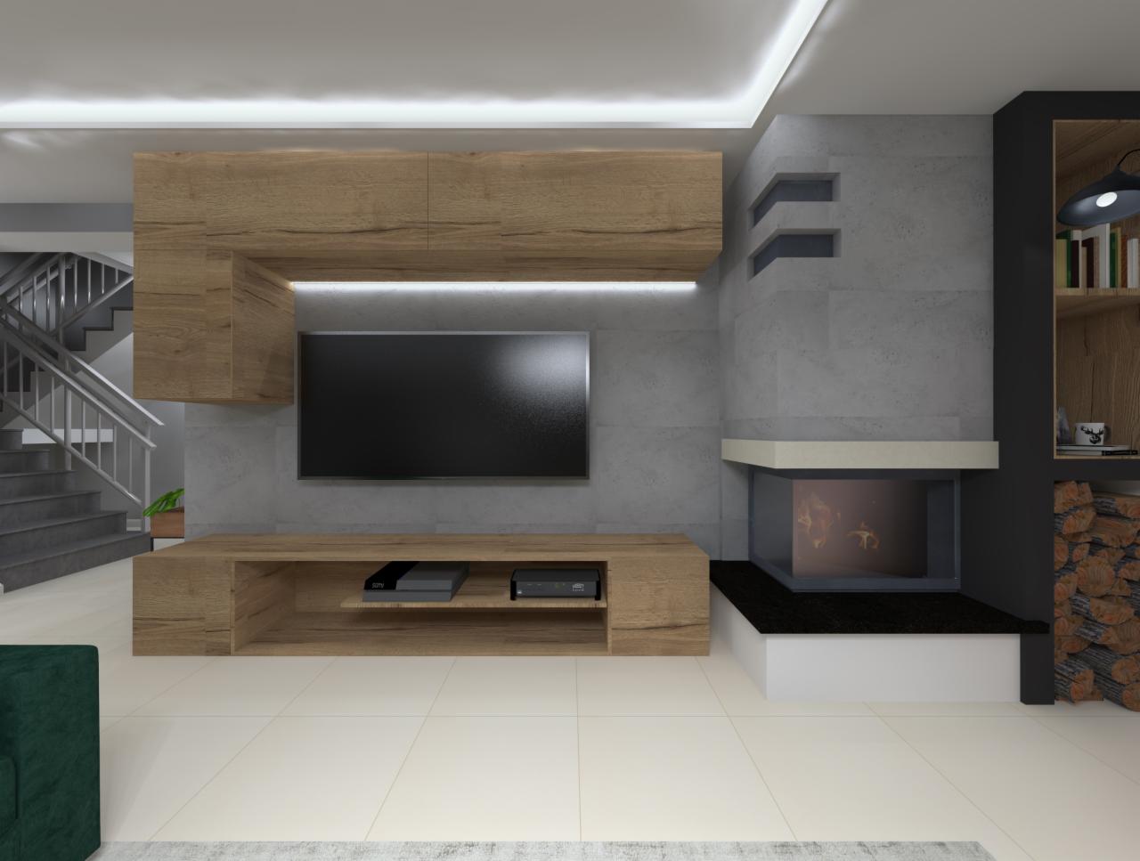 Wizualizacja salonu z drewnianą zabudową meblową, biokominkiem i schodami w tle. Minimalistyczny design z oświetleniem LED.