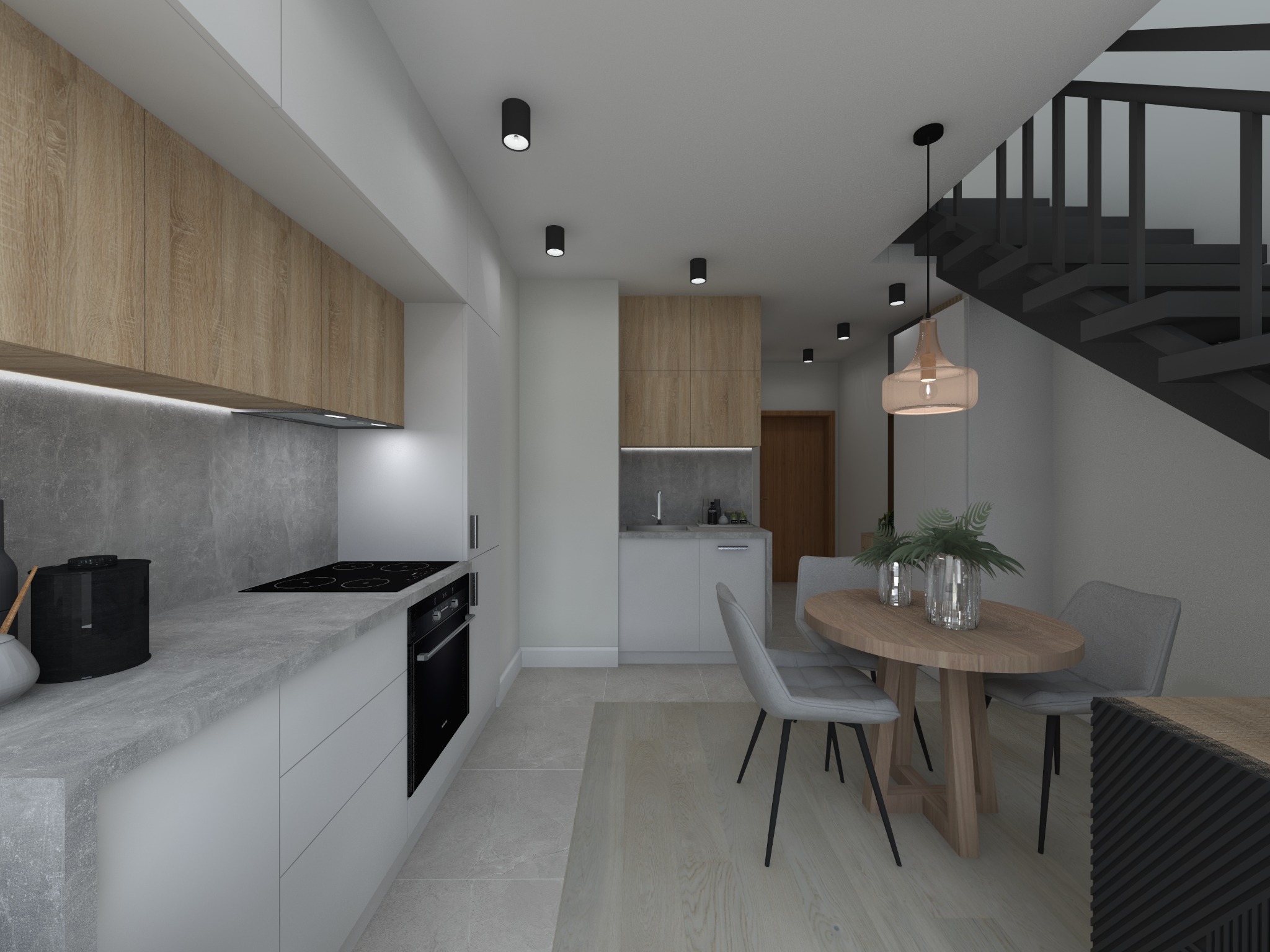 Wizualizacja nowoczesnej kuchni z drewnianymi i białymi szafkami, szarym blatem i czarnymi akcentami, widok na jadalnię ze schodami w tle.