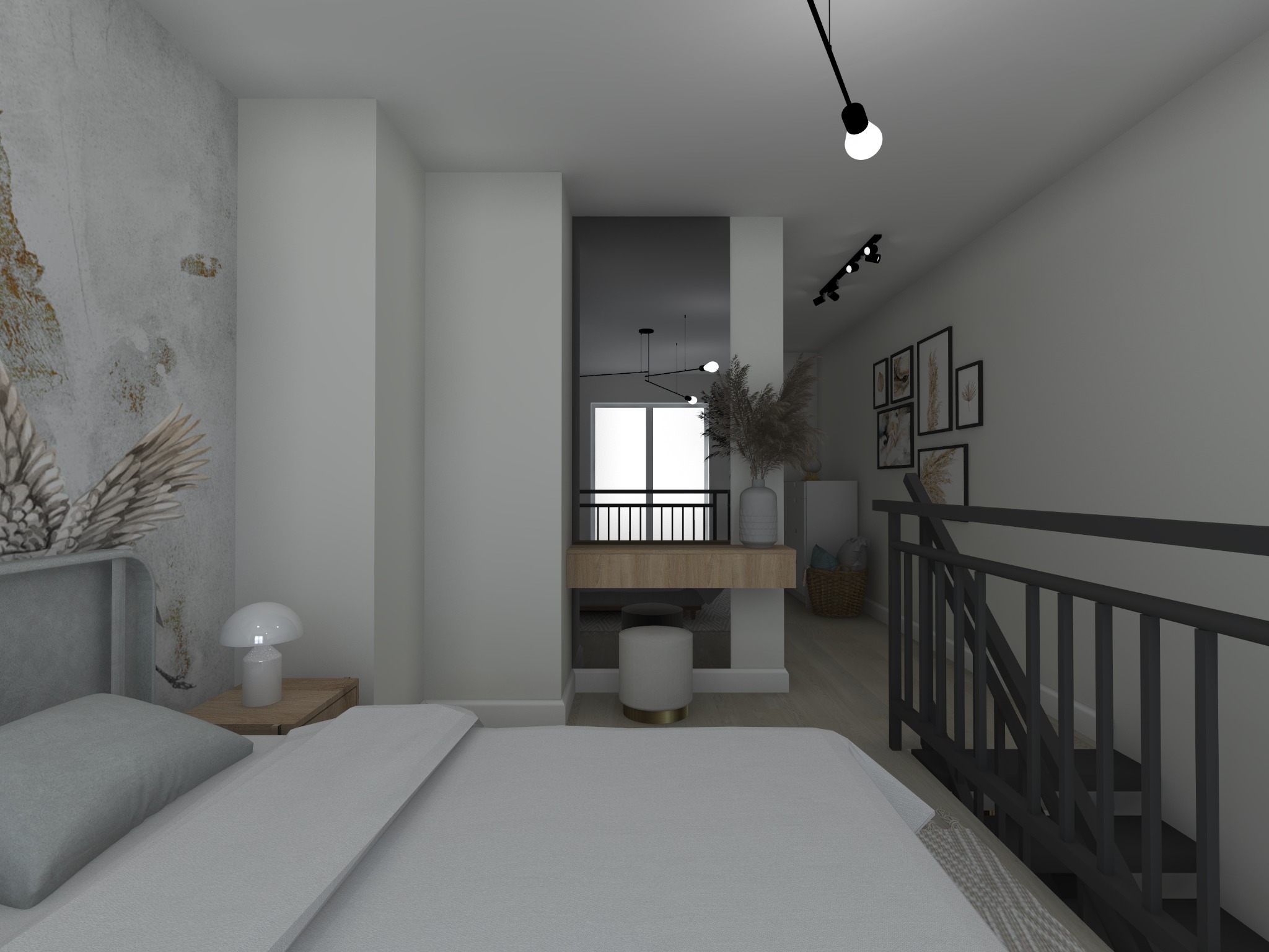 Wizualizacja sypialni z antresolą, łóżko z szarą pościelą, ściana z efektem betonu i dekoracyjnym motywem roślinnym, lampka nocna na drewnianym stoliku, toaletka z lustrem i pufą, czarne...