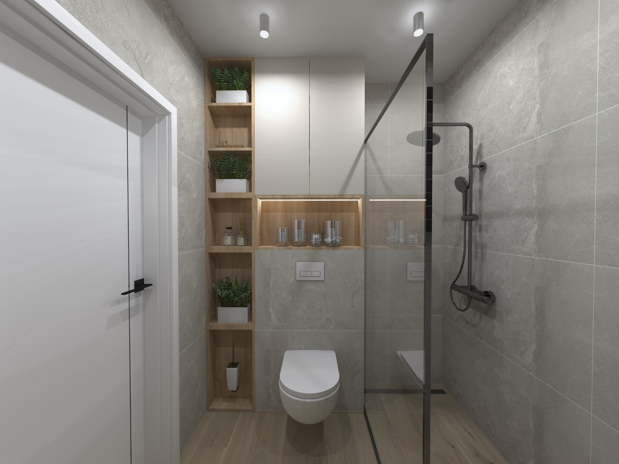 Nowoczesna łazienka z szarymi płytkami imitującymi kamień, kabiną prysznicową typu walk-in z czarnymi profilami, podwieszaną toaletą, drewnianymi półkami z roślinami i białymi szafkami.