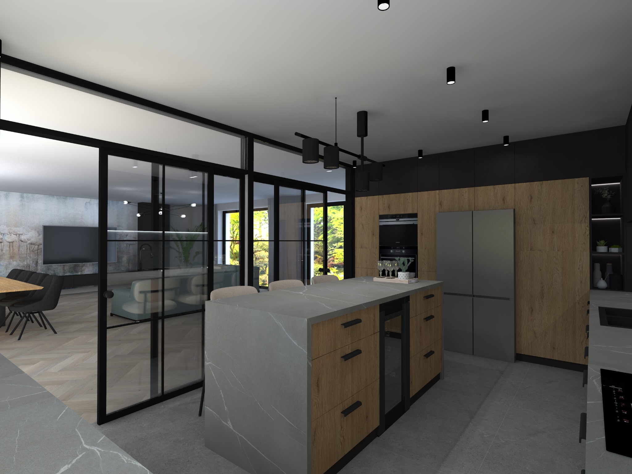 Wnętrze nowoczesnej kuchni z wyspą, drewnianymi szafkami i szklaną ścianą działową, oświetlenie punktowe i dekoracje na blacie.