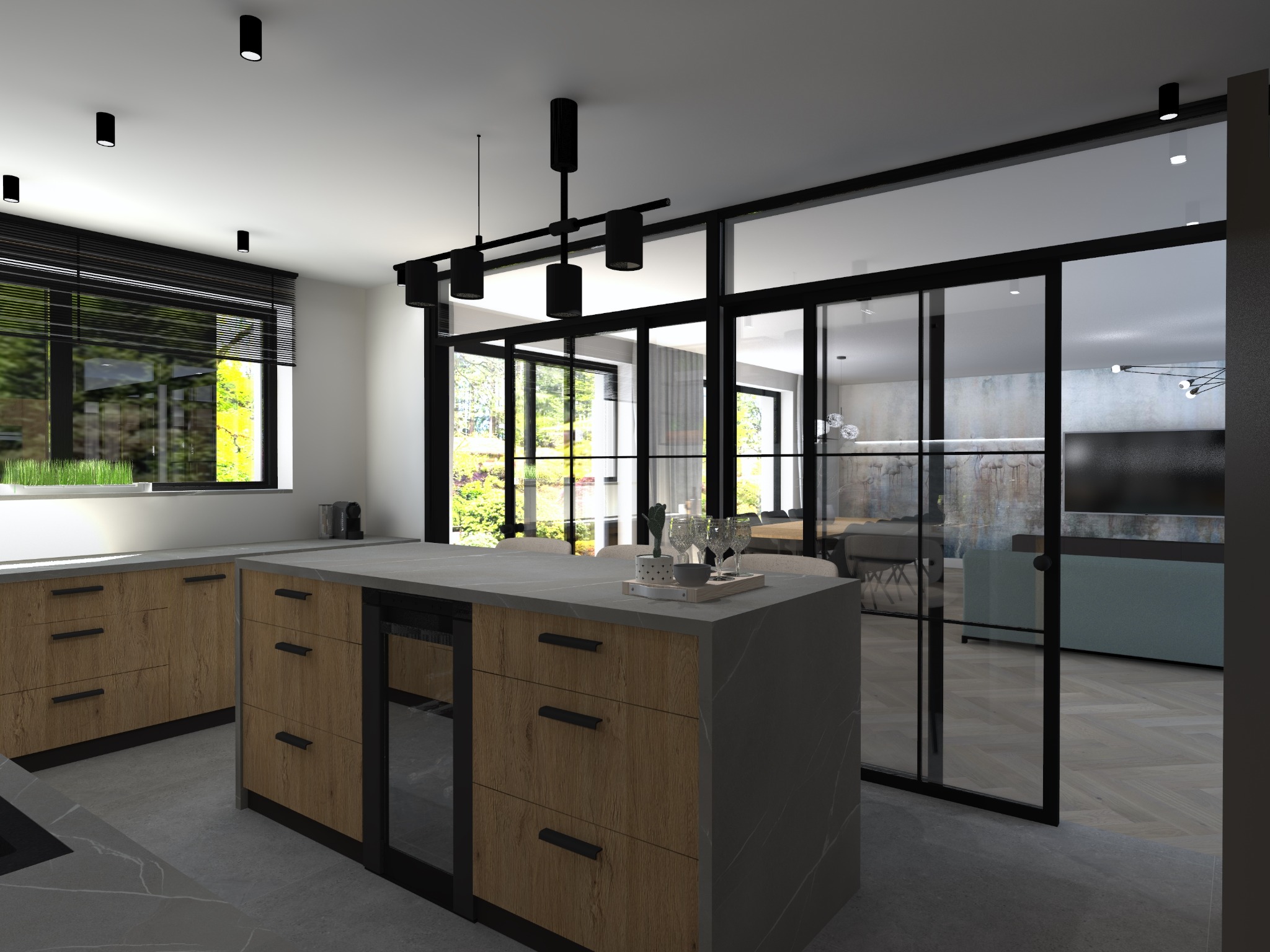 Nowoczesna kuchnia z wyspą, drewniane fronty szafek, szara marmurkowa wyspa z wbudowaną chłodziarką do wina, czarna rama szklanych drzwi przesuwnych oddzielająca kuchnię od salonu, minimalistyczne...