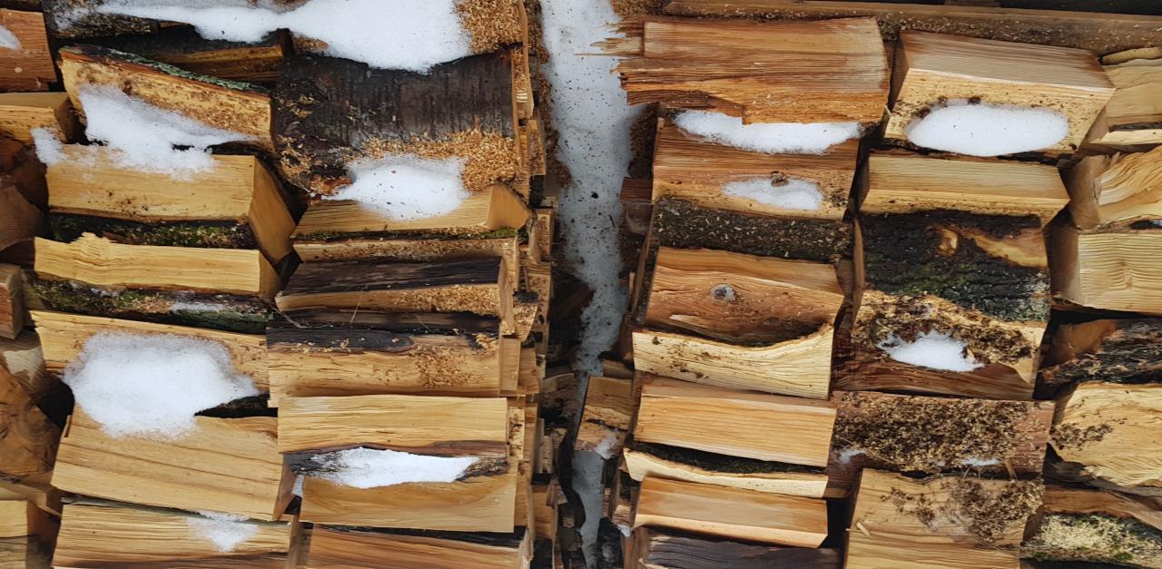 Ułożone szczapy drewna opałowego z resztkami śniegu w zagłębieniach kory.