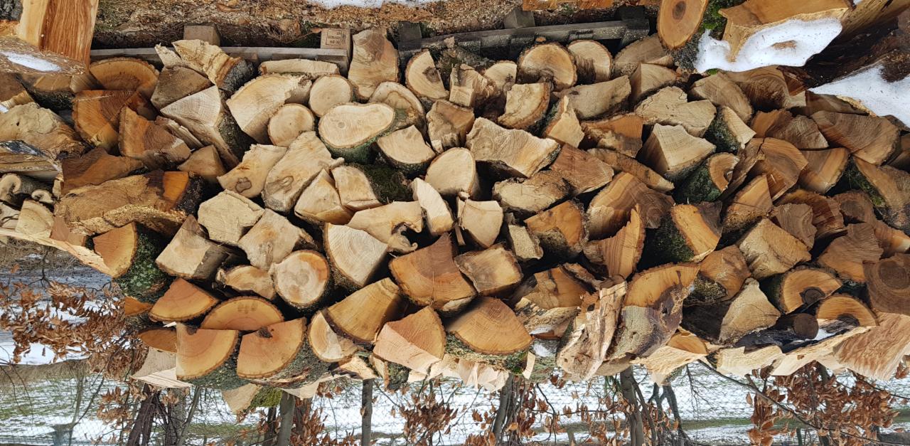 Stos pociętych kawałków drewna z widoczną korą, ułożonych na zewnątrz, z resztkami śniegu w tle.