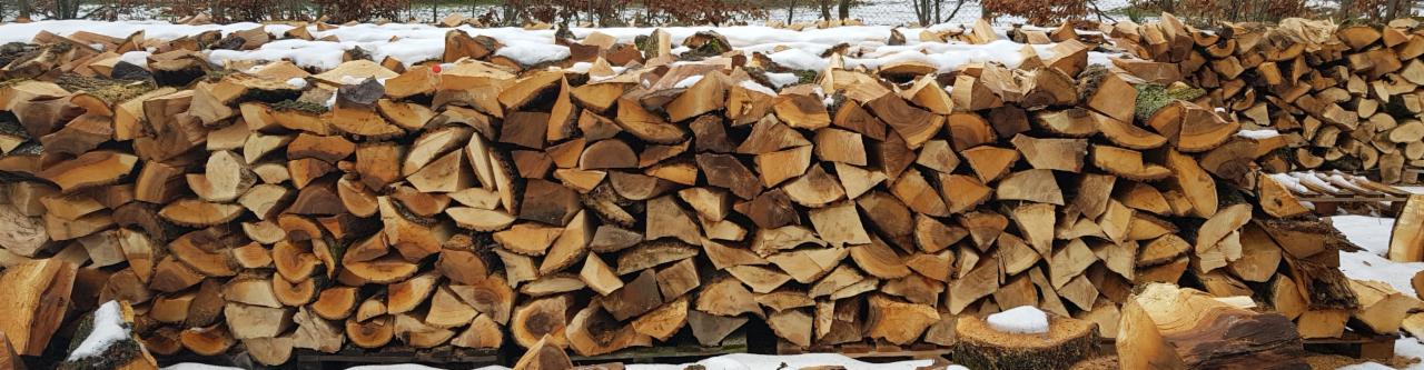 Ułożony stos pociętego i połupanego drewna na opał, częściowo przykryty śniegiem, na tle drzew.