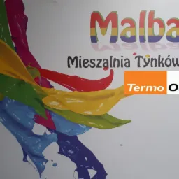 Grafika reklamowa mieszalni tynków i farb Malbast z logiem Termo Organika oraz dynamicznym motywem kolorowych rozprysków farb.