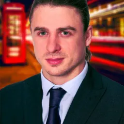 Portret mężczyzny w garniturze na rozmytym tle londyńskiej ulicy z charakterystyczną czerwoną budką telefoniczną.