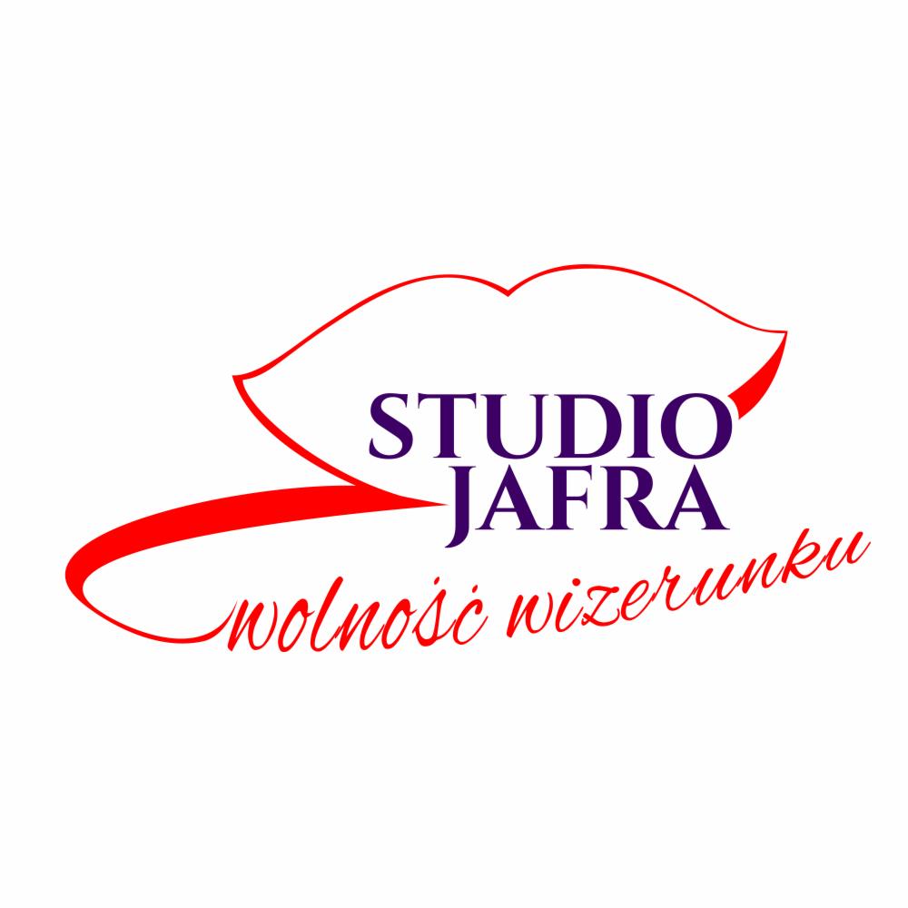 Graficzne logo studia wizerunku: czerwone usta obrysowane cienką linią, poniżej granatowy napis 'STUDIO JAFRA' i czerwony dopisek kursywą 'wolność wizerunku' na białym tle.