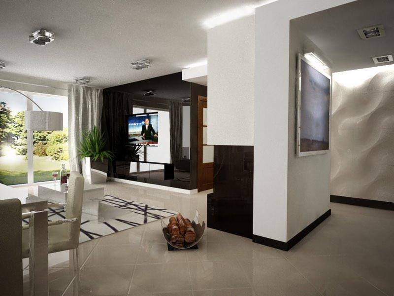 Nowoczesny salon z czarną ścianą telewizyjną, jasnymi podłogami i dekoracyjną ścianą z fakturą fal, oświetleniem LED i minimalistycznym dywanem.