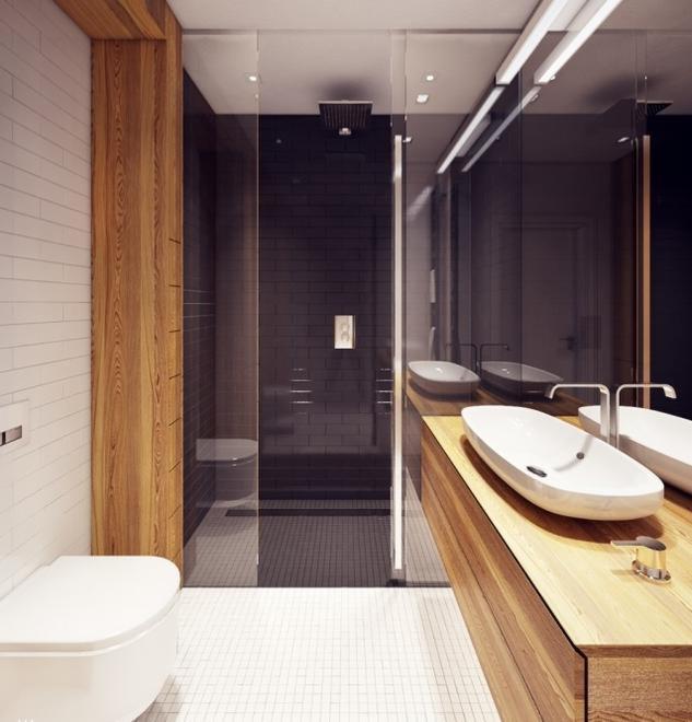 Nowoczesna łazienka z kabiną prysznicową typu walk-in, umywalką nablatową na drewnianym blacie i białymi płytkami na ścianach oraz podłodze.