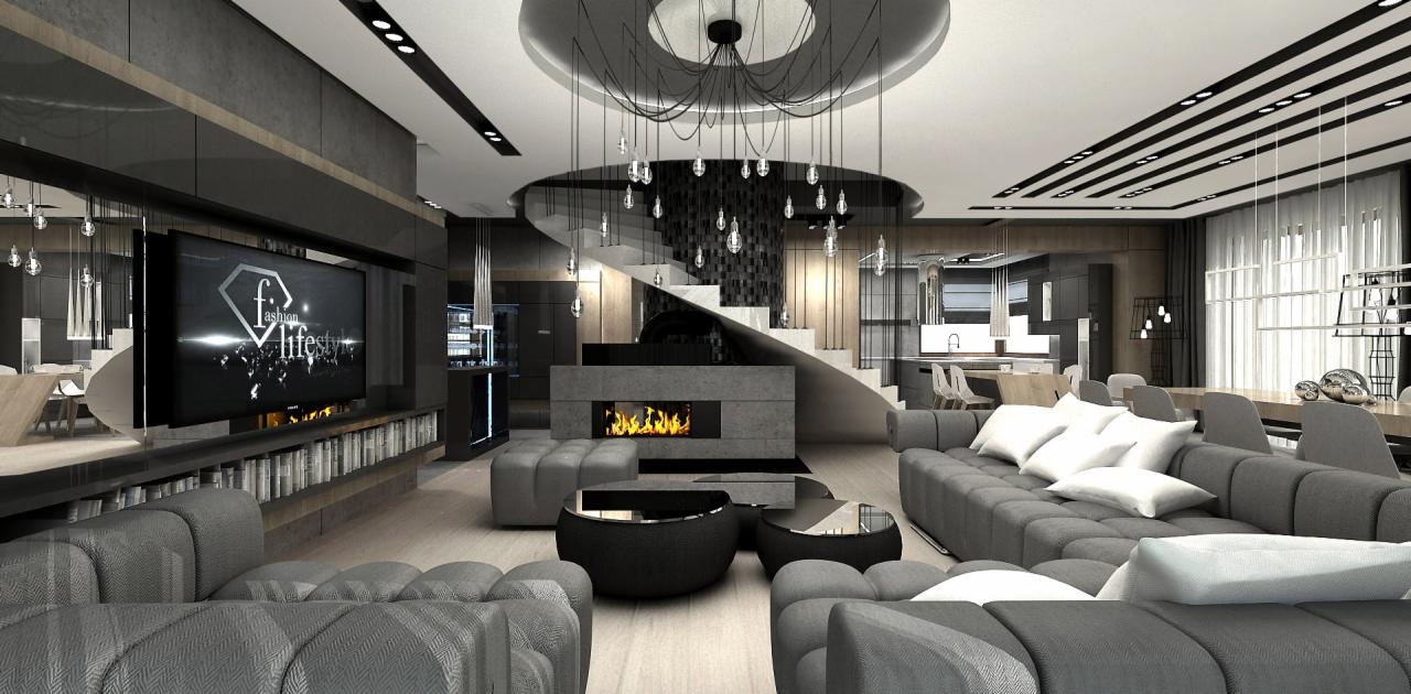 Elegancki salon w odcieniach szarości z kominkiem, nowoczesnym oświetleniem i schodami z czarno-białą mozaiką na ścianie.