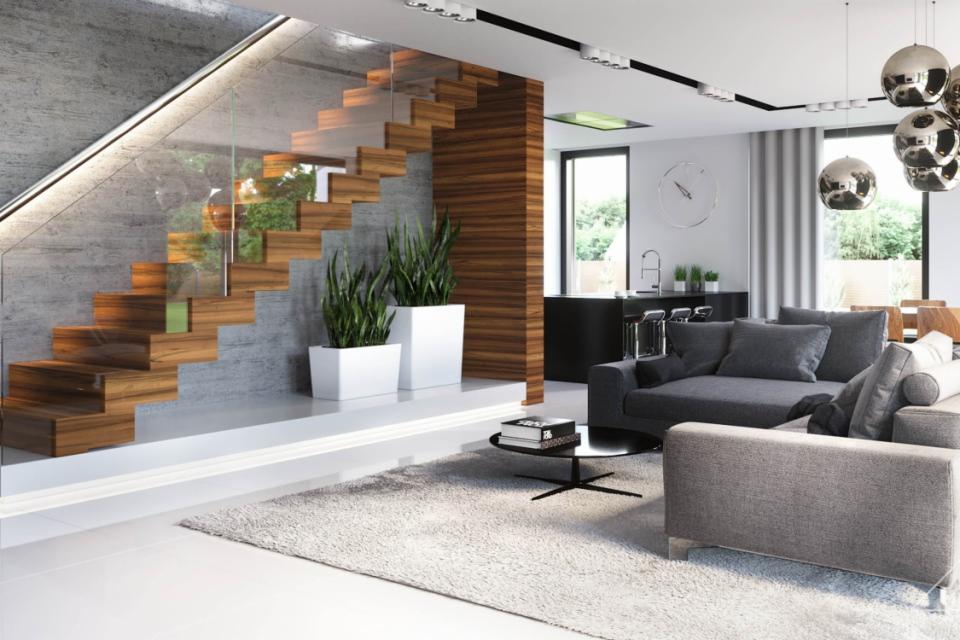 Nowoczesne wnętrze: drewniane schody wspornikowe ze szklaną balustradą, betonowa ściana, dwie białe donice z zielonymi roślinami, szary dywan i kanapa, czarna kuchnia w tle.