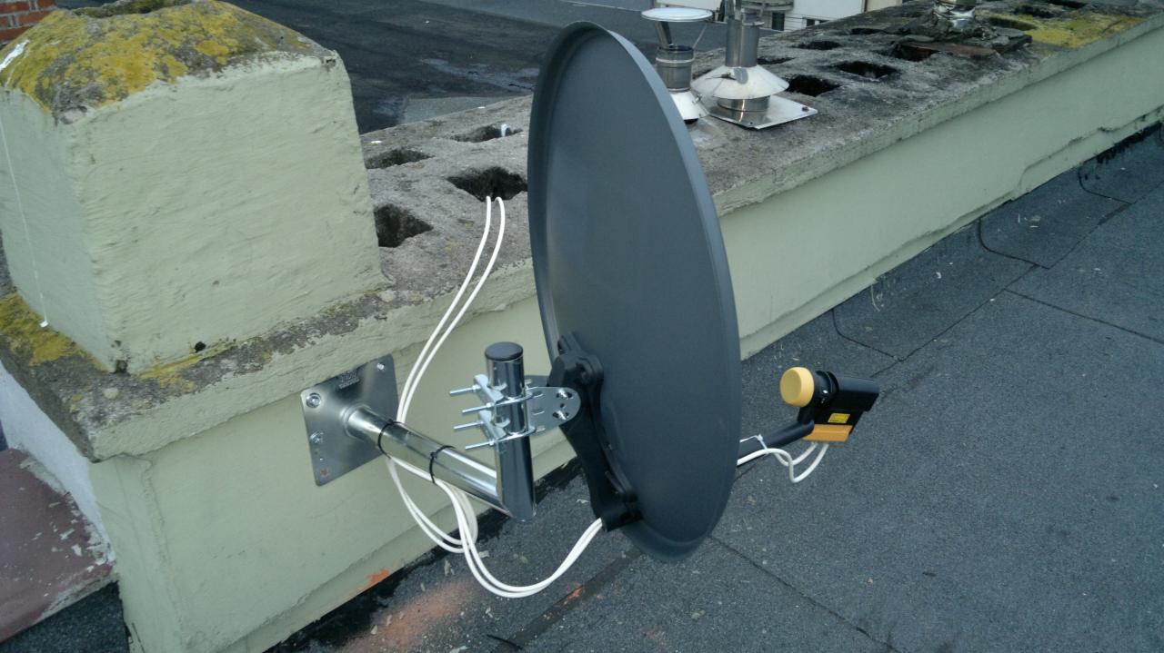 Szara antena satelitarna z konwerterem unicable zamontowana na dachu w Gdyni, przymocowana do komina za pomocą metalowych uchwytów.