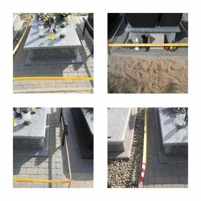 Cztery kadry z prac brukarskich na cmentarzu: układanie kostki wokół pomników, widoczne żółte taśmy zabezpieczające teren robót, fragmenty pomników z kwiatami i zniczami.