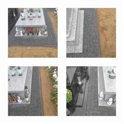 Granitowa kostka wokół nagrobka, widok z różnych perspektyw, z kwiatami i zniczami, na ziemi.