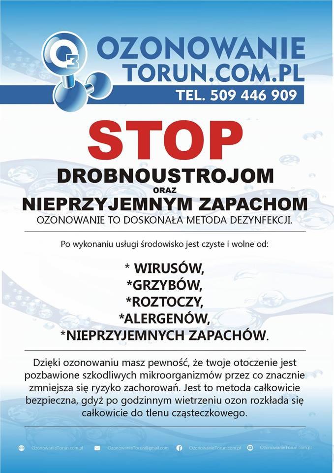 Plakat reklamowy firmy Ozonowanie Torun.com.pl, oferującej dezynfekcję ozonem, eliminującą wirusy, grzyby, roztocza, alergeny i nieprzyjemne zapachy.