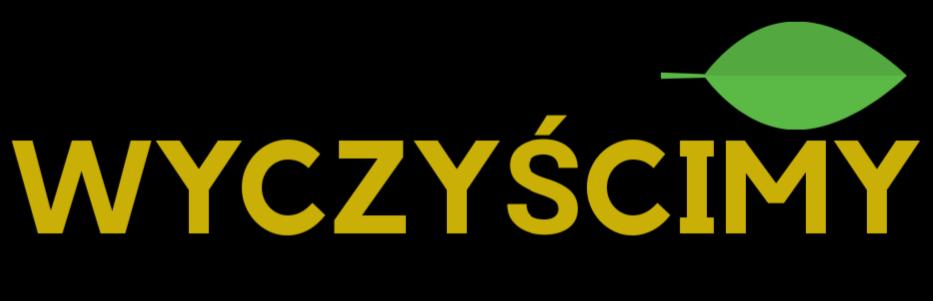 Grafika z napisem 'WYCZYŚCIMY' w złotym kolorze i zielonym liściem, na czarnym tle. Prosty, nowoczesny design.