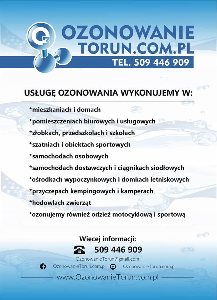 Grafika reklamowa firmy Ozonowanie Toruń.pl oferującej usługi ozonowania w mieszkaniach, biurach, żłobkach, samochodach, ośrodkach wypoczynkowych i hodowlach zwierząt. Zawiera logo firmy, numer...
