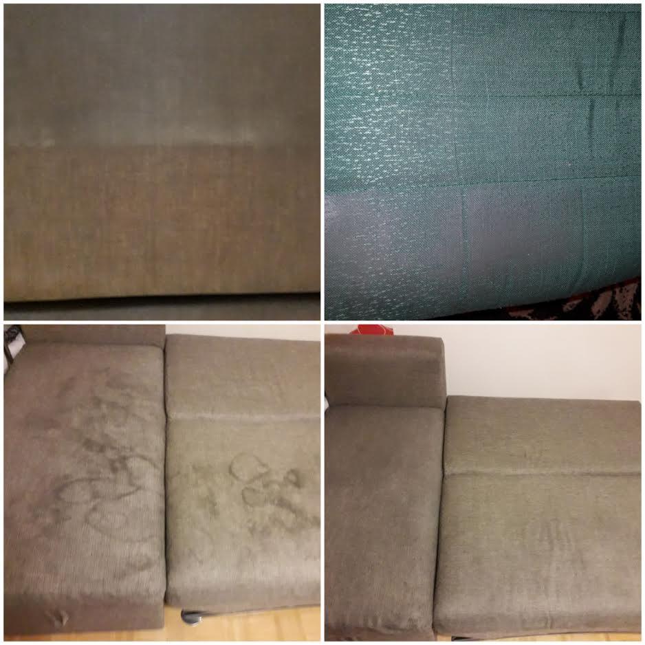 Czyszczenie tapicerki kanapy: porównanie stanu przed i po, z widocznymi plamami na lewej stronie i czystą, jednolitą powierzchnią po prawej stronie.