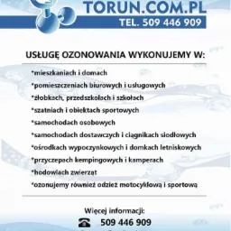 Grafika reklamowa firmy Ozonowanie Toruń z logo, numerem telefonu i listą miejsc, w których wykonywana jest usługa ozonowania, takich jak mieszkania, biura, żłobki, samochody i inne.