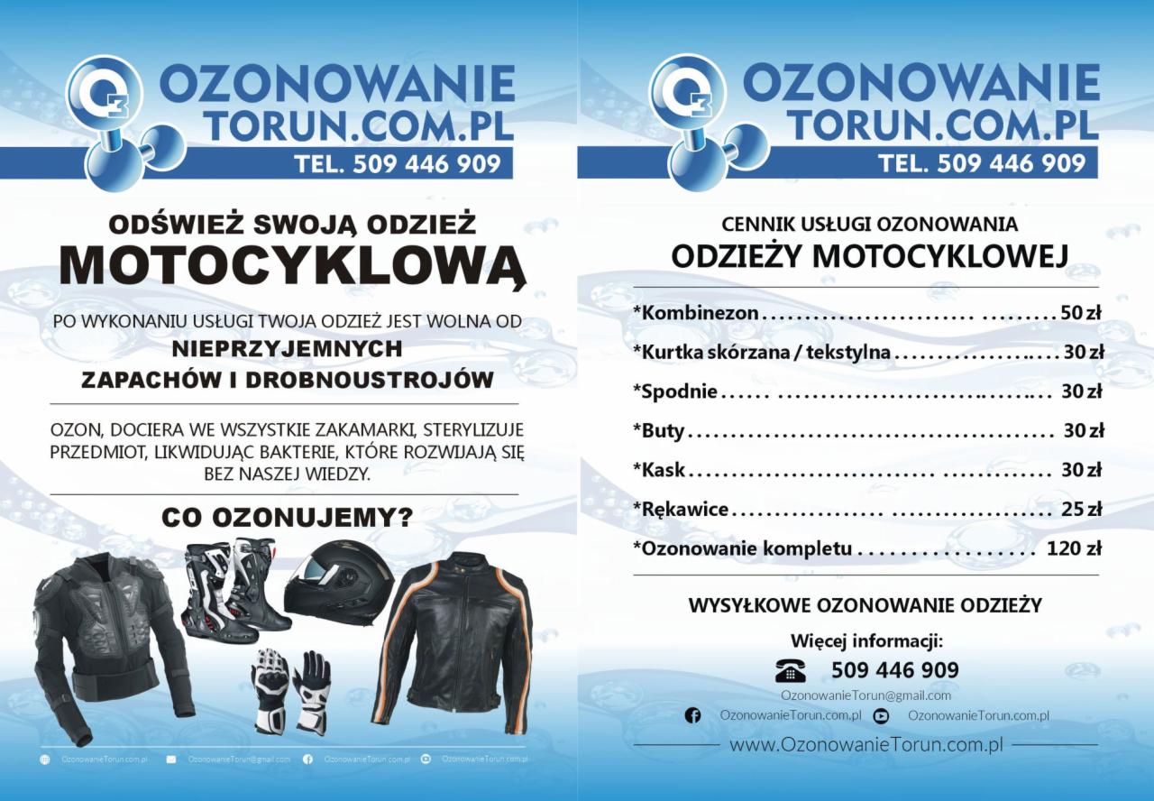 Grafika reklamowa firmy Ozonowanie Toruń prezentująca odzież motocyklową (kurtka, buty, kask, rękawice) wraz z informacją o usłudze ozonowania usuwającej nieprzyjemne zapachy i drobnoustroje...