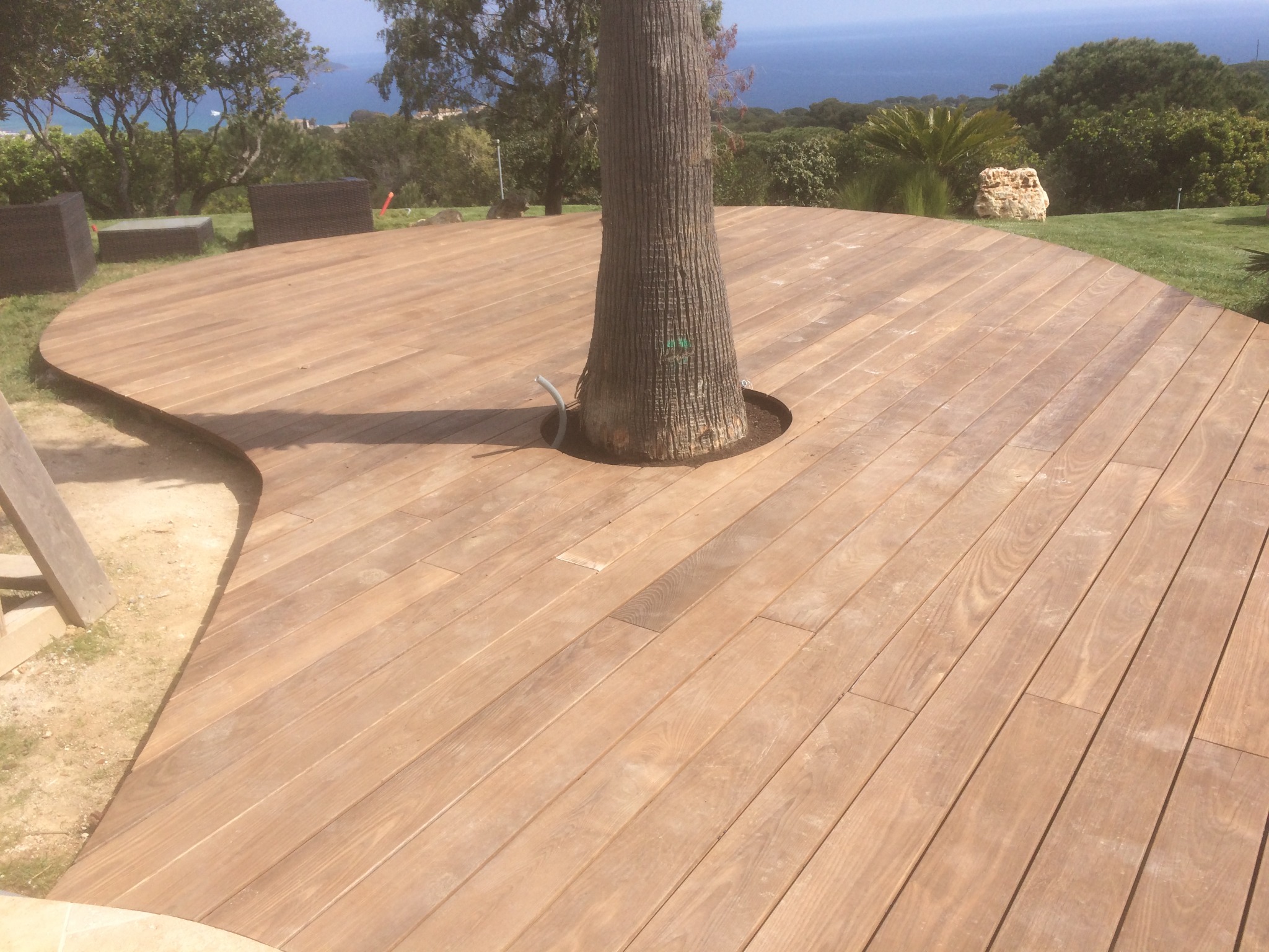 Drewniany taras zbudowany wokół drzewa, z widokiem na morze i zieloną roślinność w tle, z delikatnym zakrzywieniem krawędzi.