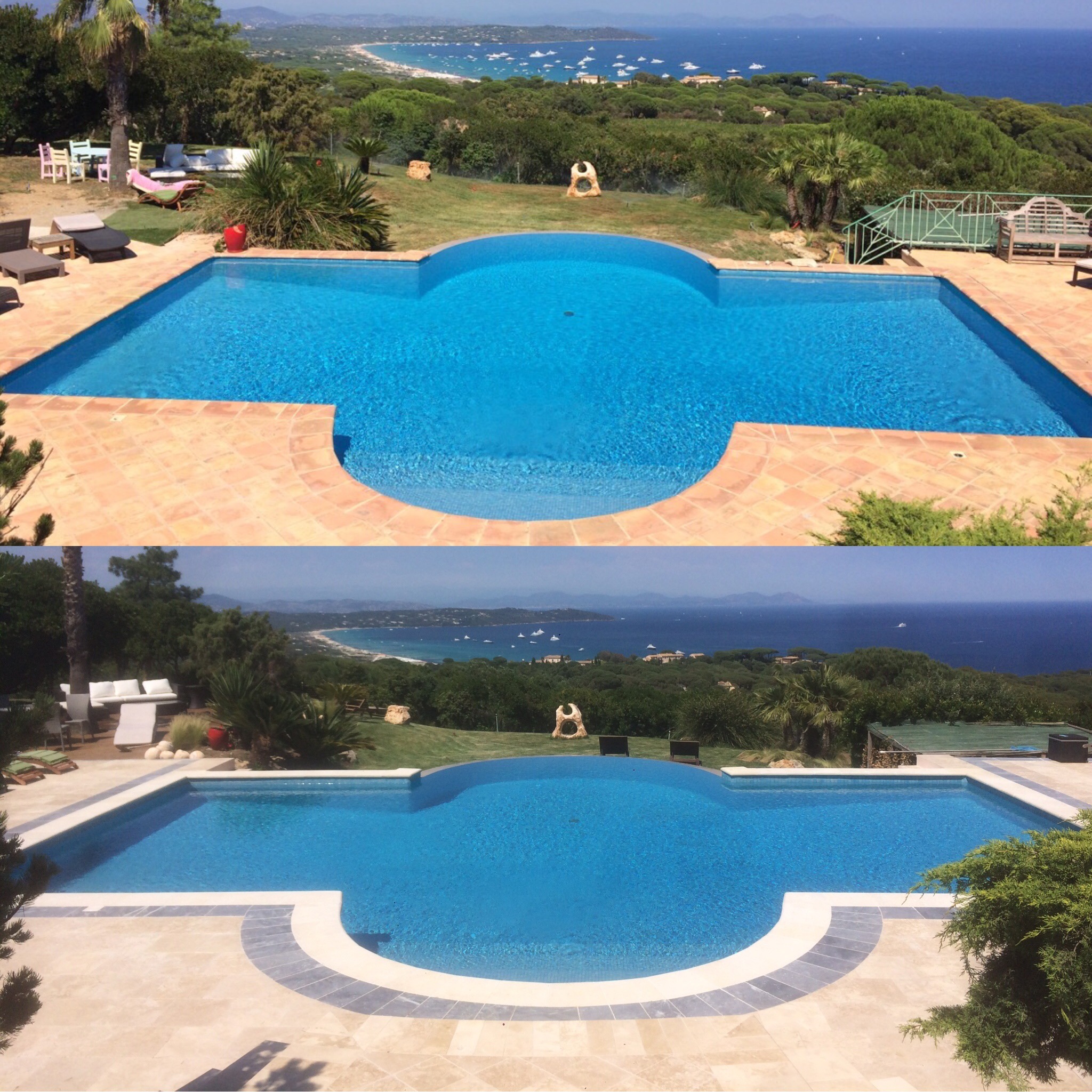 Dwa ujęcia tego samego basenu z turkusową wodą i wykończeniem z płytek w ciepłych odcieniach beżu i brązu, w tle widok na morze i zieleń drzew.