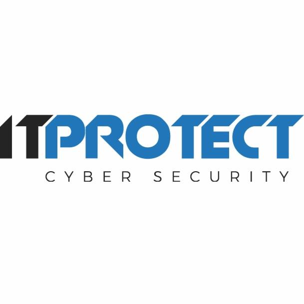 Logo firmy ITPROTECT z hasłem CYBER SECURITY, litery w kolorach czarnym i niebieskim na białym tle.