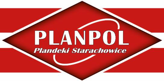 Logo firmy PLANPOL Plandeki Starachowice na czerwonym tle w kształcie rombu z białymi poziomymi pasami.
