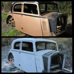 Dwa ujęcia karoserii starego samochodu przed i po obróbce. Górne zdjęcie pokazuje karoserię w kolorze brązowo-czarnym z widocznymi śladami rdzy, dolne zdjęcie przedstawia karoserię po oczyszczeniu,...