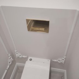 Usługi remontowo- budowlane Przemysław Bąk - Elegancka toaleta w łazience z białymi ścianami zdobionymi sztukaterią i złotym przyciskiem spłuczki, widok z dołu.