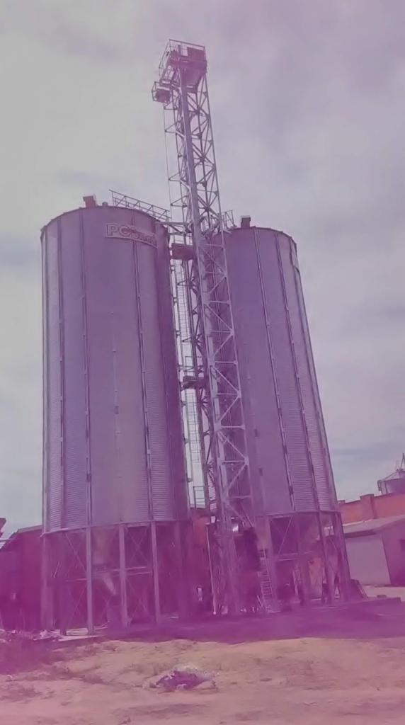 Dwa metalowe silosy zbożowe połączone konstrukcją schodów i podestów, widok z dołu na tle pochmurnego nieba.