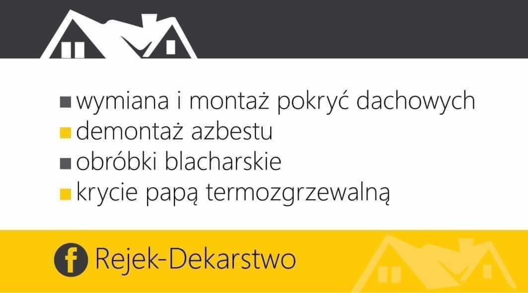 Grafika reklamowa firmy dekarskiej Rejek-Dekarstwo z Kobylina, oferującej wymianę i montaż pokryć dachowych, demontaż azbestu, obróbki blacharskie oraz krycie papą termozgrzewalną, z logotypem...