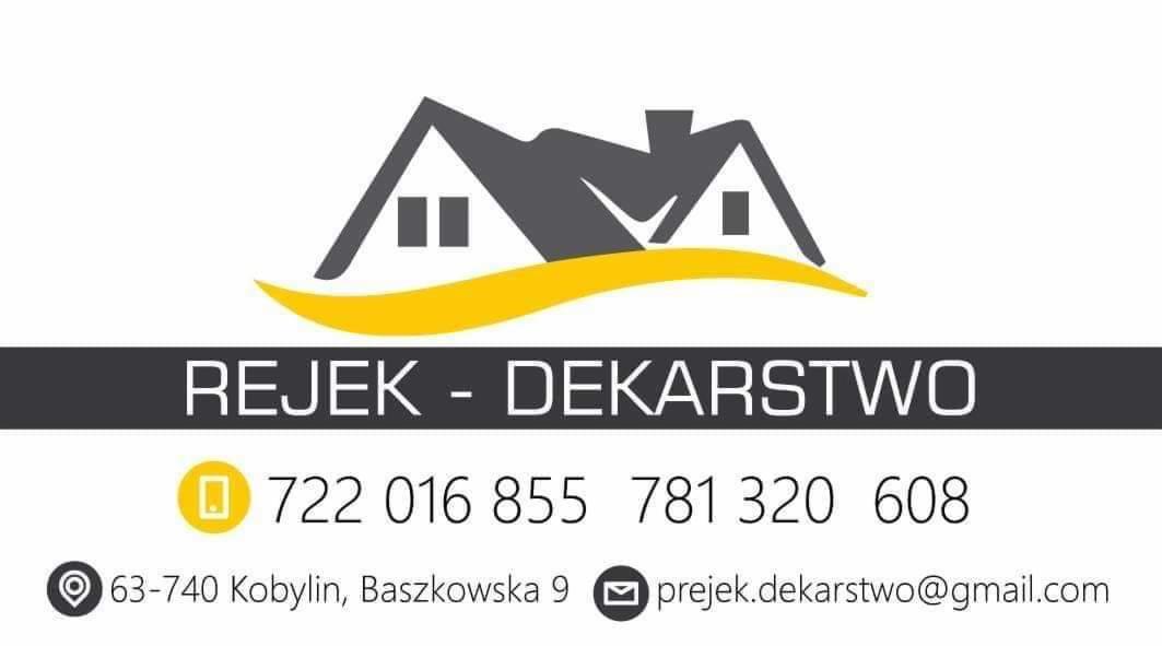 Logo firmy dekarskiej Rejek-Dekarstwo z ikoną dachu, adresem i numerami telefonów kontaktowych.