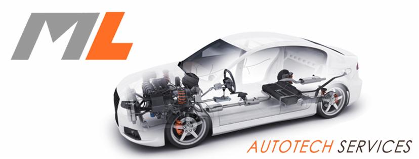 Przekrój samochodu z widocznymi podzespołami, logo firmy ML Autotech Services w lewym górnym rogu, białe tło.