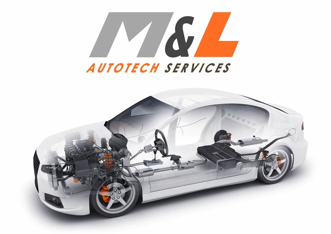 Przekrój przez samochód ukazujący jego wewnętrzną budowę: silnik, zawieszenie, układ wydechowy, wnętrze, na białym tle z logo firmy 'M&L Autotech Services'.