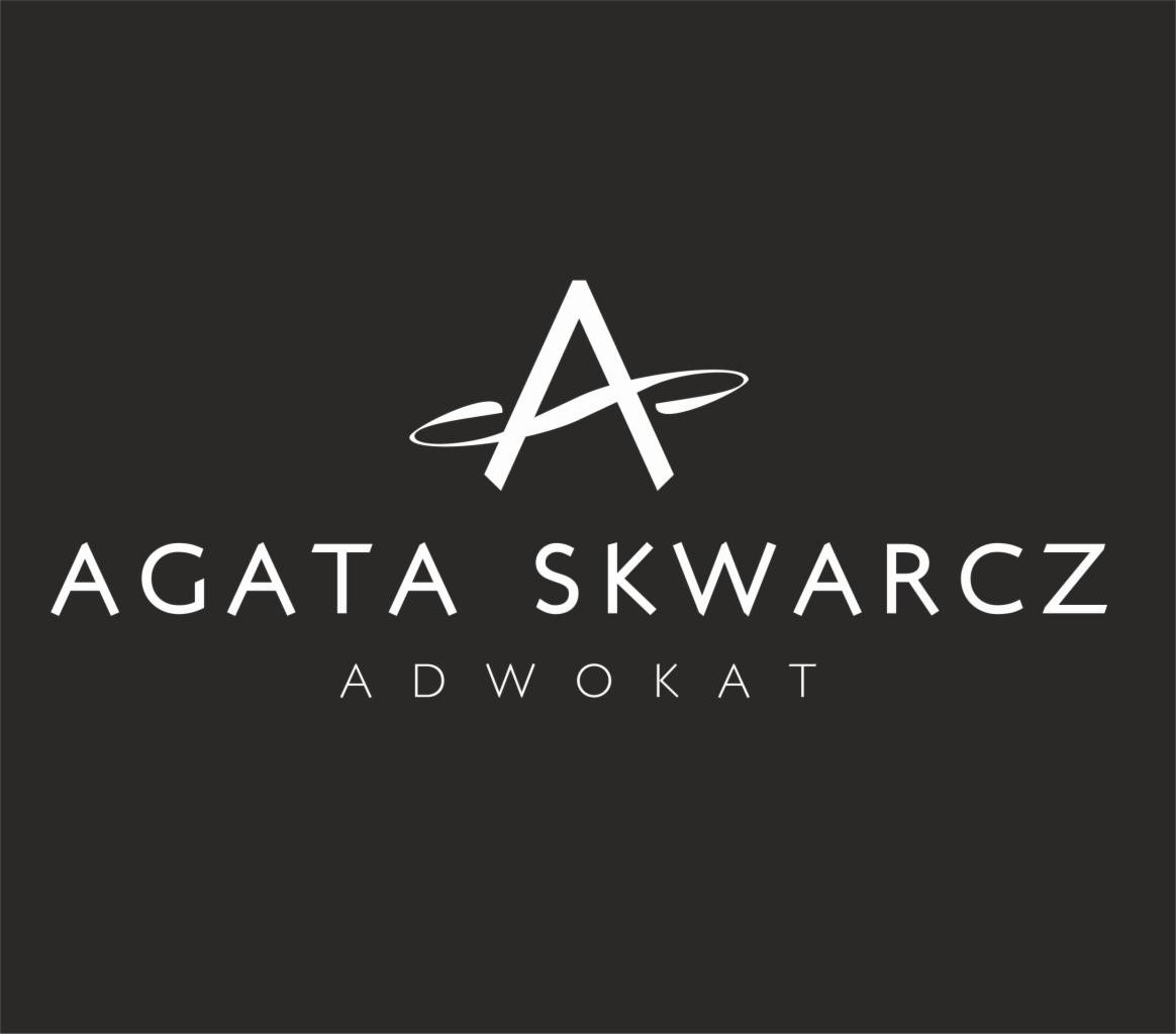 Logo: Stylizowana litera A z orbitą, poniżej imię i nazwisko Agata Skwarcz, pod spodem napis Adwokat, wszystko w bieli na ciemnoszarym tle.
