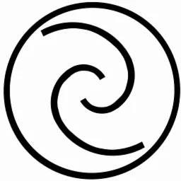 Czarno-biały, minimalistyczny symbol przedstawiający spiralę wewnątrz okręgu, przypominający yin i yang, z przerwami w liniach tworzącymi wrażenie ruchu.
