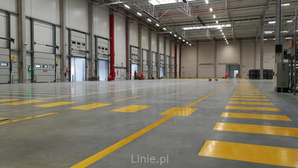 Wnętrze hali magazynowej z betonową posadzką i żółtymi pasami wyznaczającymi ciągi komunikacyjne. Widoczne otwarte bramy wjazdowe i pracownicy w pomarańczowych kombinezonach.