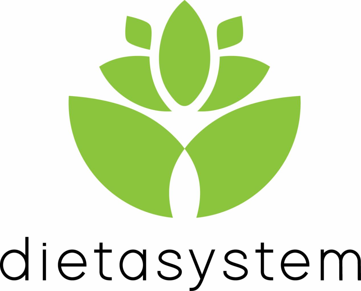 Logo firmy dietasystem z zielonym symbolem przypominającym kwiat lub liść nad czarnym napisem 'dietasystem'.